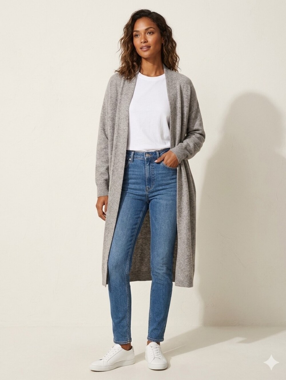 Commense Long Open-Front Cardigan in Light Beige